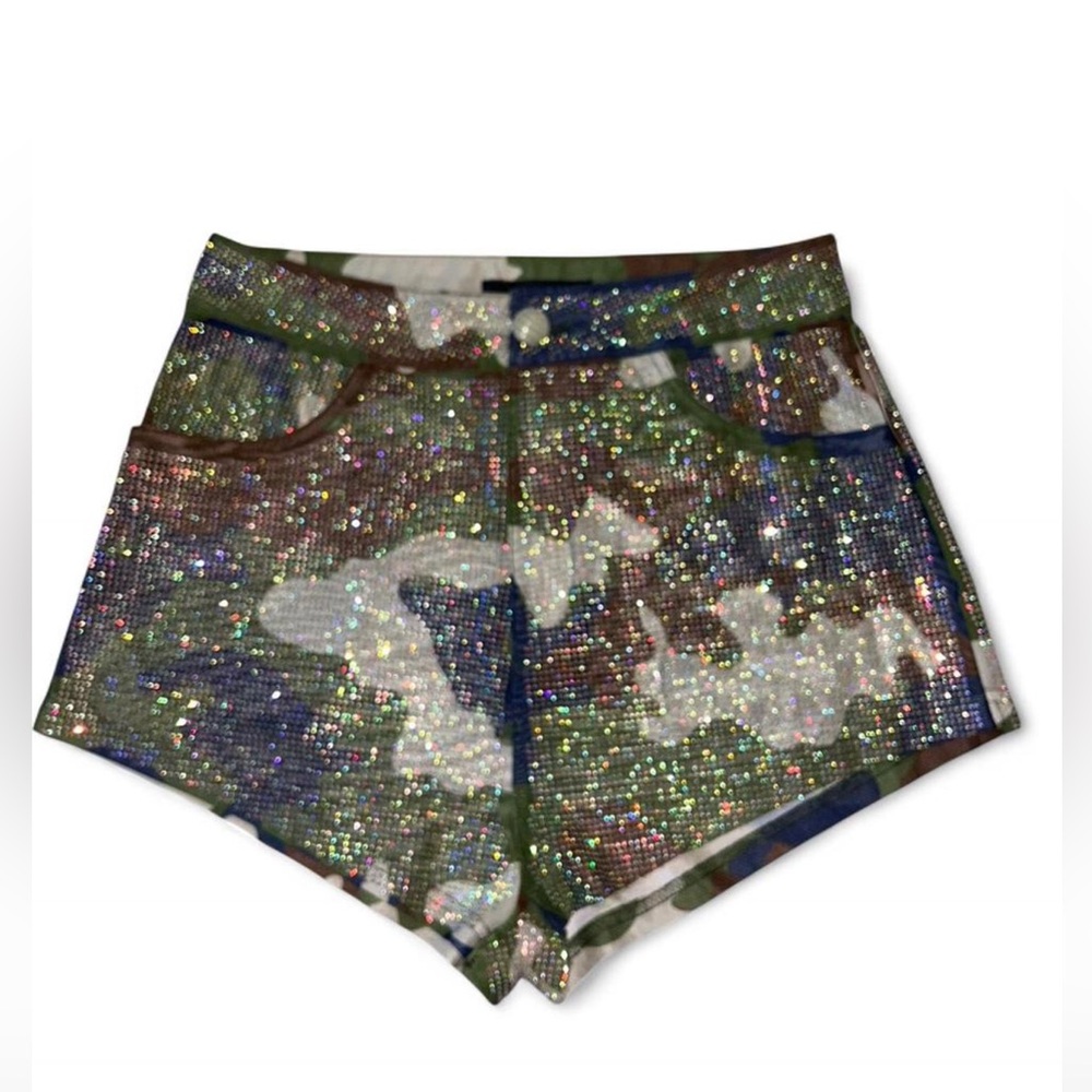AKIRA glittering camouflage rhinestone mesh short